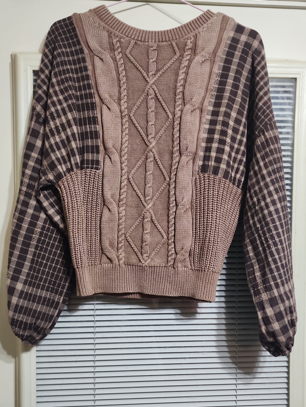 Fate Patchwork Cable Knit Sweater in Taupe and Brown